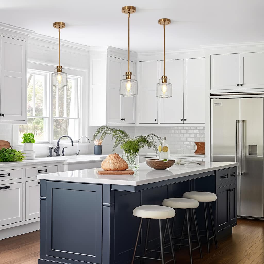 Cavitt Modern Mini 1-Light Clear Glass Drum Pendant Abstract Brass Gold Adjustable Kitchen Island Lighting