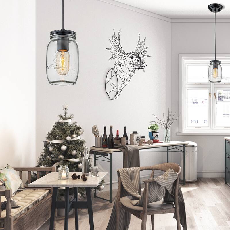 Starsky 1-Light Modern Farmhouse Black Mason Jar Chandelier Single Pendant Light set of 2