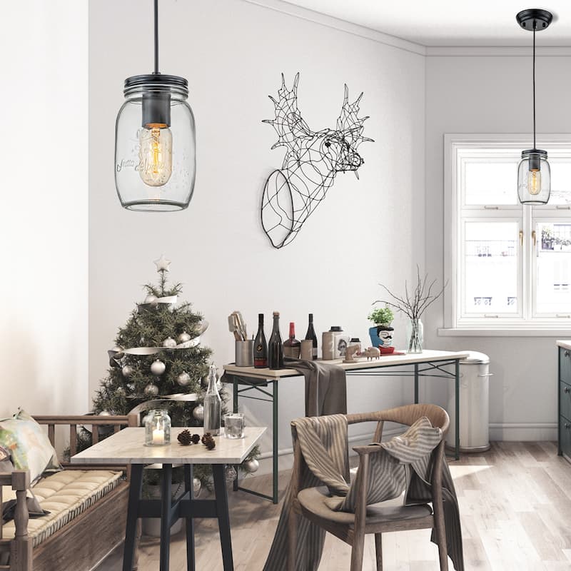 Starsky 1-light Farmhouse Matte Black Mason Jar Glass Pendant with Texture Glass