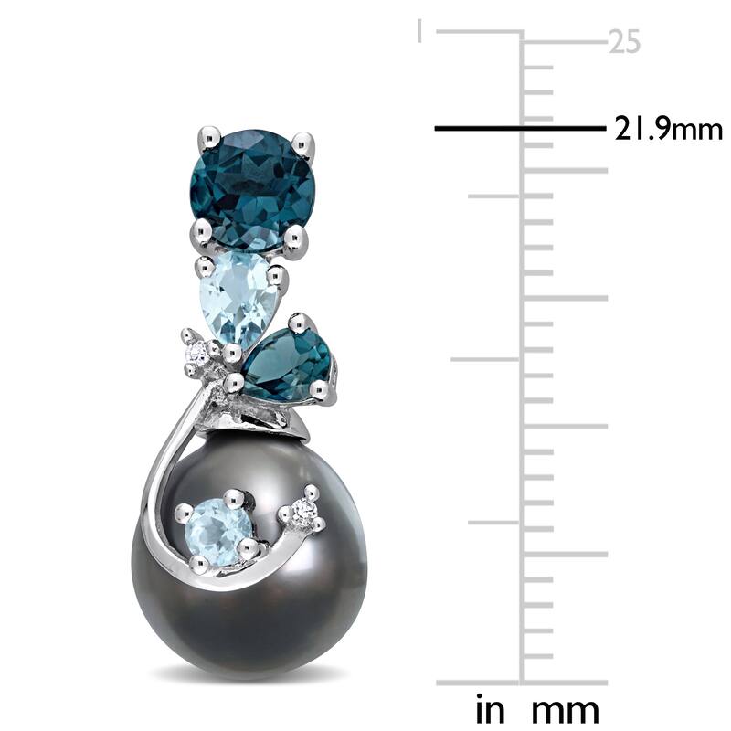 Miadora 9-10mm Black Tahitian Cultured Pearl 2ct TGW London Sky Blue Topaz Diamond Accent Earrings in 14k White Gold