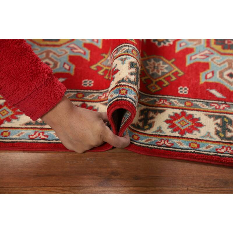 Red Kazak Foyer Rug Hand-Knotted Geometric Bedroom Wool Carpet - 2'8"x 3'11"