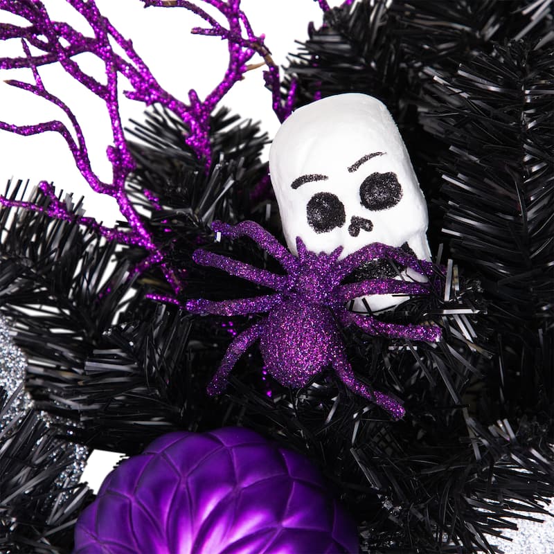 Purple and Black Spooky Skeleton Pine Halloween Wreath, 24-Inch, Unlit
