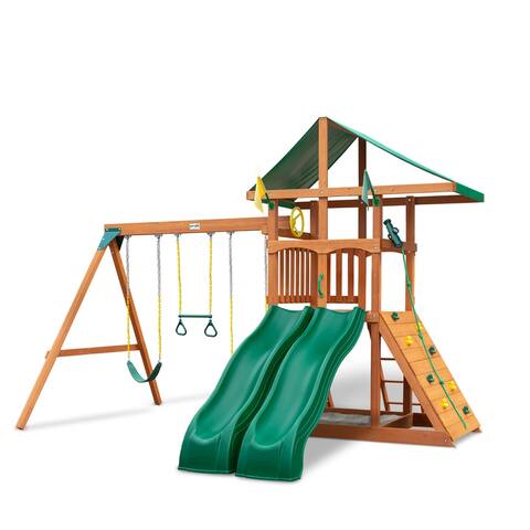 Gorilla Playsets Avalon Wood Swing Set with Vinyl Canopy Roof and Dual Slides - Amber