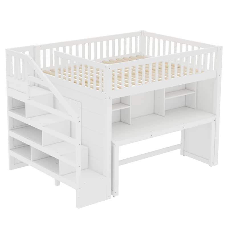 Full/Twin Loft Bed with Movable Desk & Storage Stairs