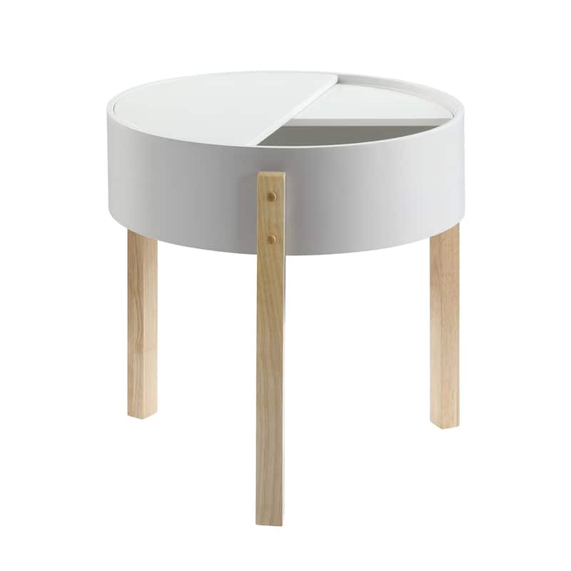 Round Wooden End Table with Hidden Storage, White and Brown