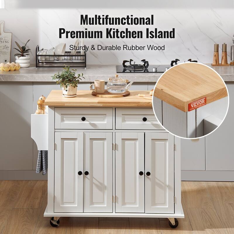 Modern Kitchen Island Portable Kitchen Island with 2 Drawers, Storage Cabinet, Spice Rack and Towel Rack, for Kitchen