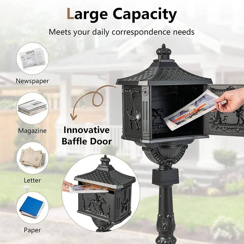 Retro Mid-century Aluminum Cast Mailbox with Post and Keys, Locking Residential Rust-Proof Security Postal Mailboxes
