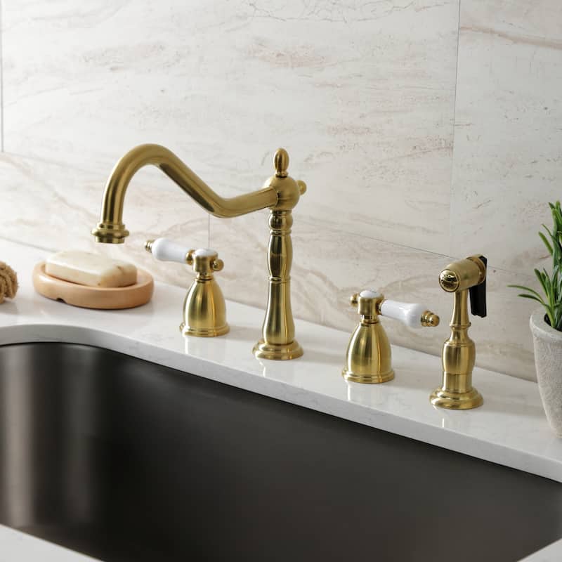 Kingston Brass Heritage Porcelain Kitchen Faucet with Side Spayer - 16'' (L) x 9-1/16'' (W) x 9-3/8'' (H)