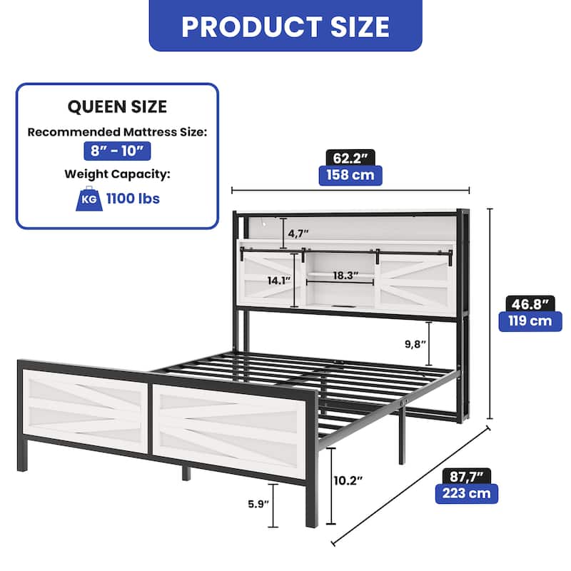 White Farmhouse Bed Frame with Sliding Barn Door Storage Cabinets