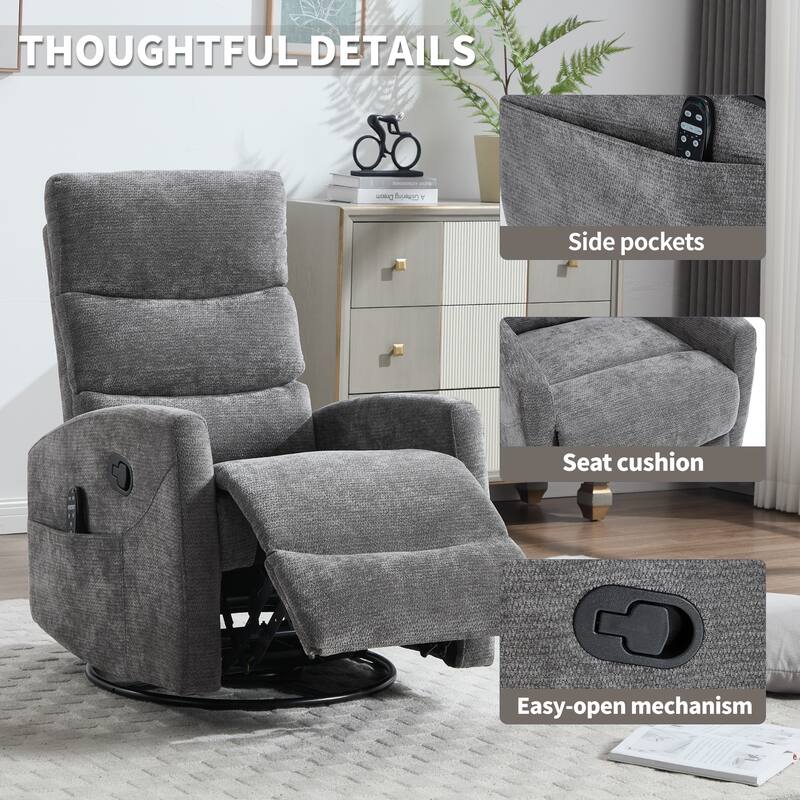 Roomfitters Manual Rocker Swivel Recliner Chair with Heat and Massage Fabric Glider Lounge Sofa for Living Room