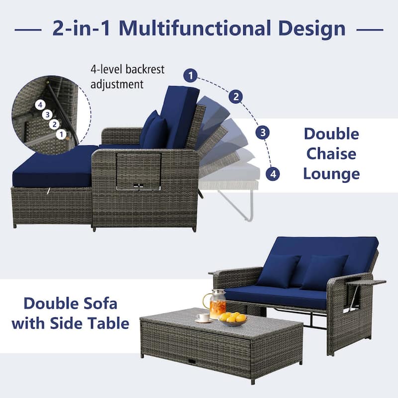 Gymax Rattan Daybed Wicker Loveseat Sofa Set w/ Ottoman & Retractable