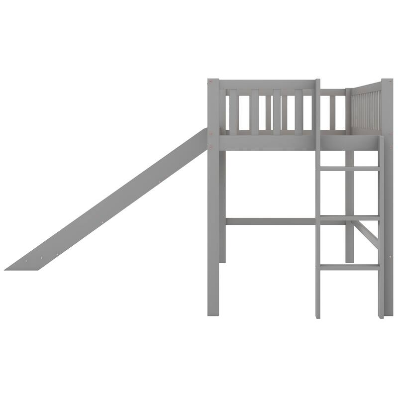 Gray Twin Size Low Loft Bed, with Detachable Smooth Slide and Erect