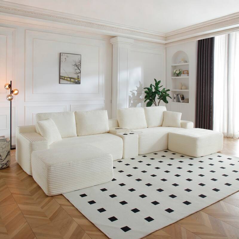 125'' U-Shaped Corduroy Sectional Sofa with Cup Holders, USB Ports and 2 Ottomans