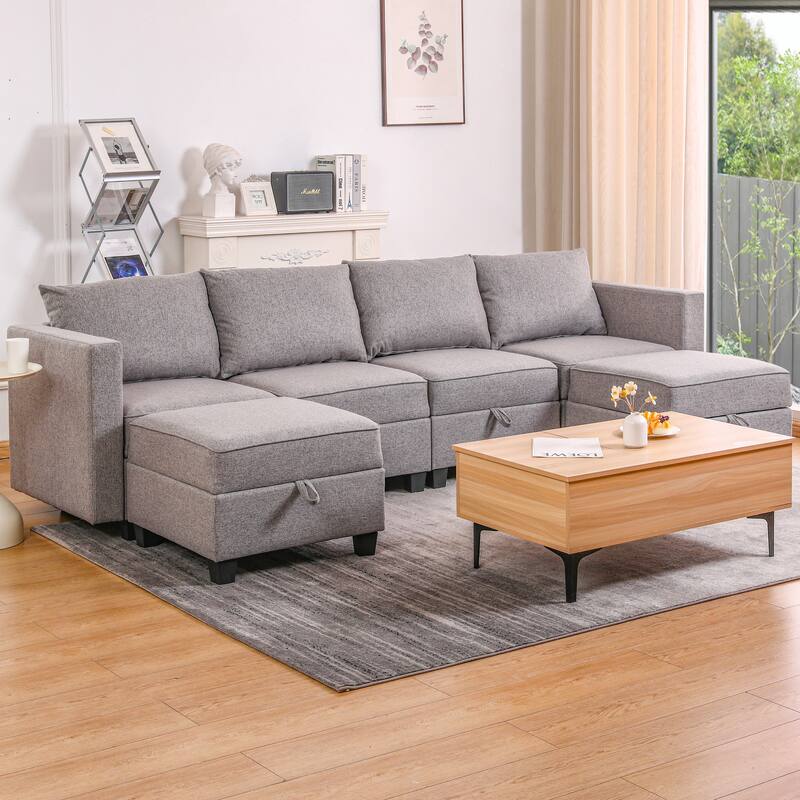 110.3" Burlap U-Shaped Modular Sectional Sofa with Sleeper & Storage