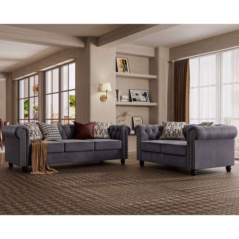 Morden Fort Classic Tufted Velvet Upholstered Chesterfield Club Loveseat and Sofa 2Pieces with Nailhead for Living Room - Grey