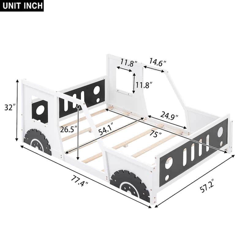 Classic Car-Shaped Twin/Full Bed for Kids, Blue/White, Pine Wood, Easy Assembly