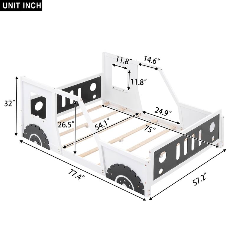 Full Size Classic Car-Shaped Wooden Platform Bed Frame with Wheels, Windows, Fun and Playful Design for Kids, for Bedroom
