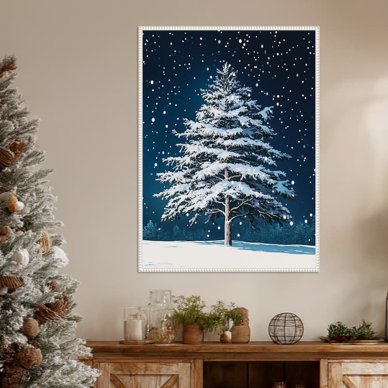 Winter Snowy Pine Tree by Pictufy Studio Framed Canvas Wall Art Print - Sylvie Beaded White