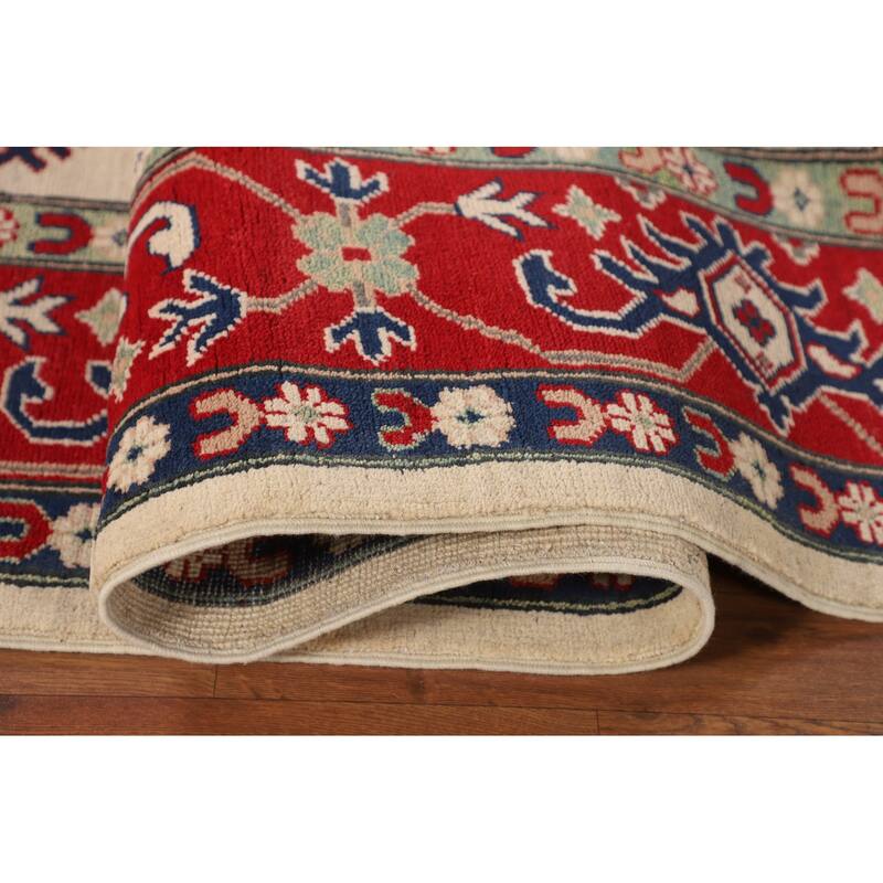 Geometric Kazak Area Rug Hand-Knotted Beige Oriental Wool Carpet - 6'9" x 9'9"