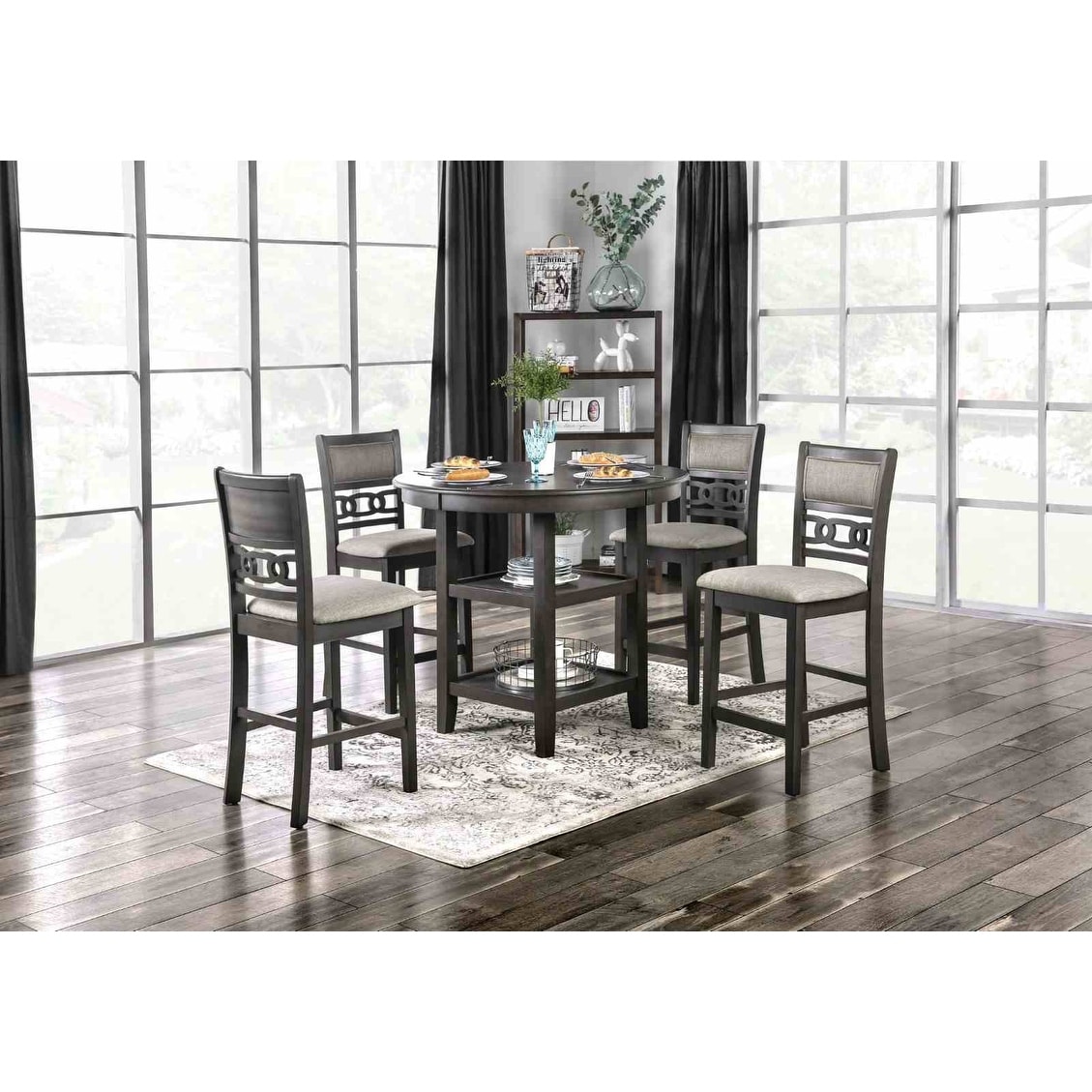 Elegant 5PC Open Shelves Counter Height Set Round Table and Chairs