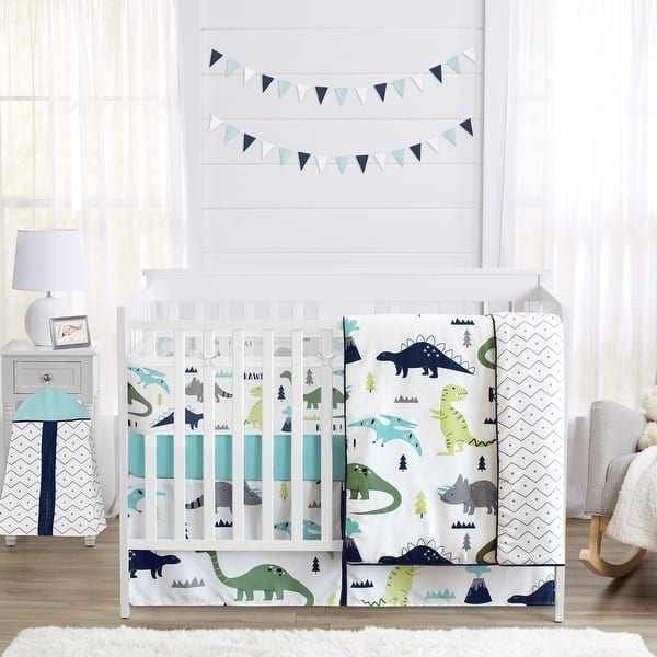 slide 2 of 6, Blue Green Modern Dinosaur Boy Sweet Jojo Designs 6p Crib Bedding + BreathableBaby Breathable Mesh Liner Dino Boho