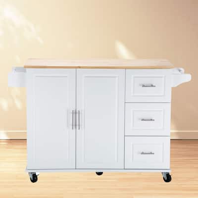 Mobile Kitchen Island Cart with Rubber Wood Top, 3 Drawers, Adjustable Cabinet Shelf, Spice Rack & Towel Holder, White-Beech