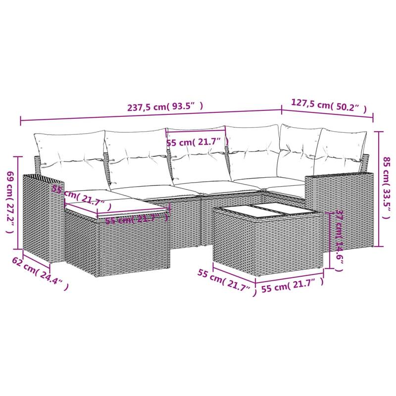 vidaXL Patio Sofa Set with Cushions Outdoor Conversation Furniture Poly Rattan - 25.8" x 24.4" x 27.2"
