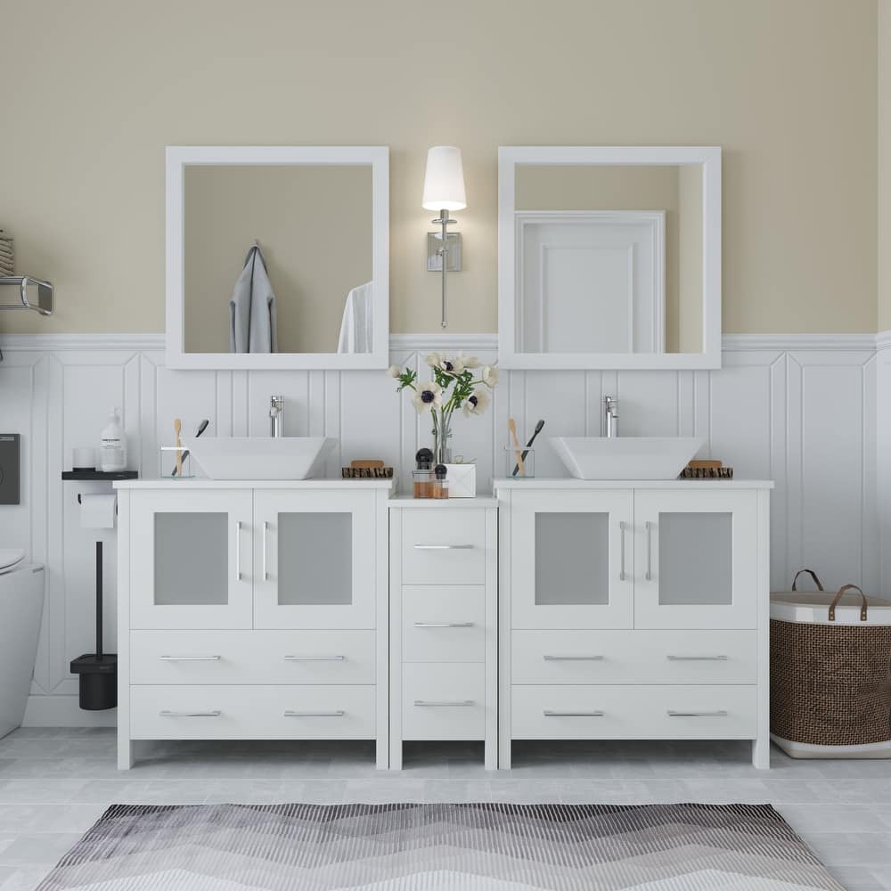 Vanity Art 72" Double Sink Bathroom Vanity Set with Engineered Marble Top Free Mirror - 72 x 18.5 x 36 Inches