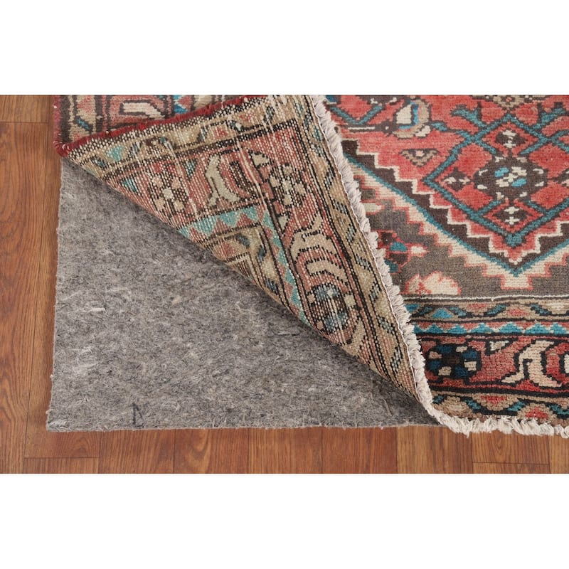 Geometric Hamedan Persian Vintage Runner Rug Hand-Knotted Wool Carpet - 3'7" x 10'3"
