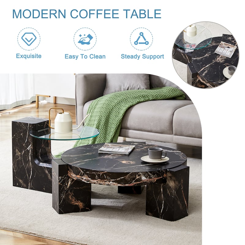 Double-Layer Round Coffee Table, Transparent Glass Top with L-Shaped Legs, Detachable Design Modern Center Table