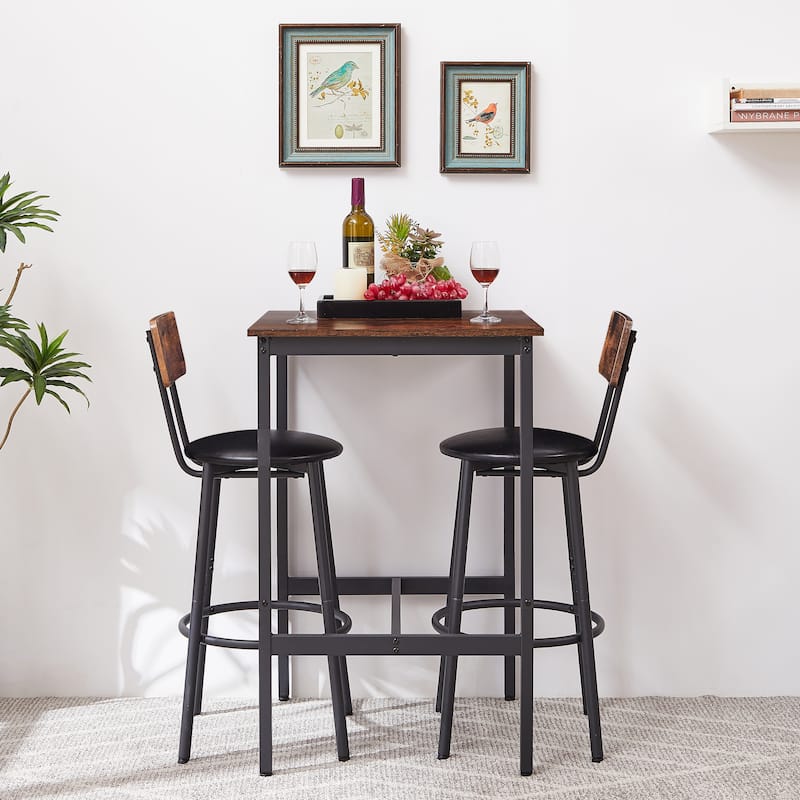 Industrial-Style 3-Piece Bar Table Set with Upholstered Stools, Rustic Woodgrain Tabletop, and Space-Saving Design