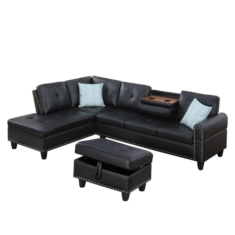 Faux Leather L-Shaped Sectional Sofa with Ottoman&Storage,4-Seater with Cup Holders