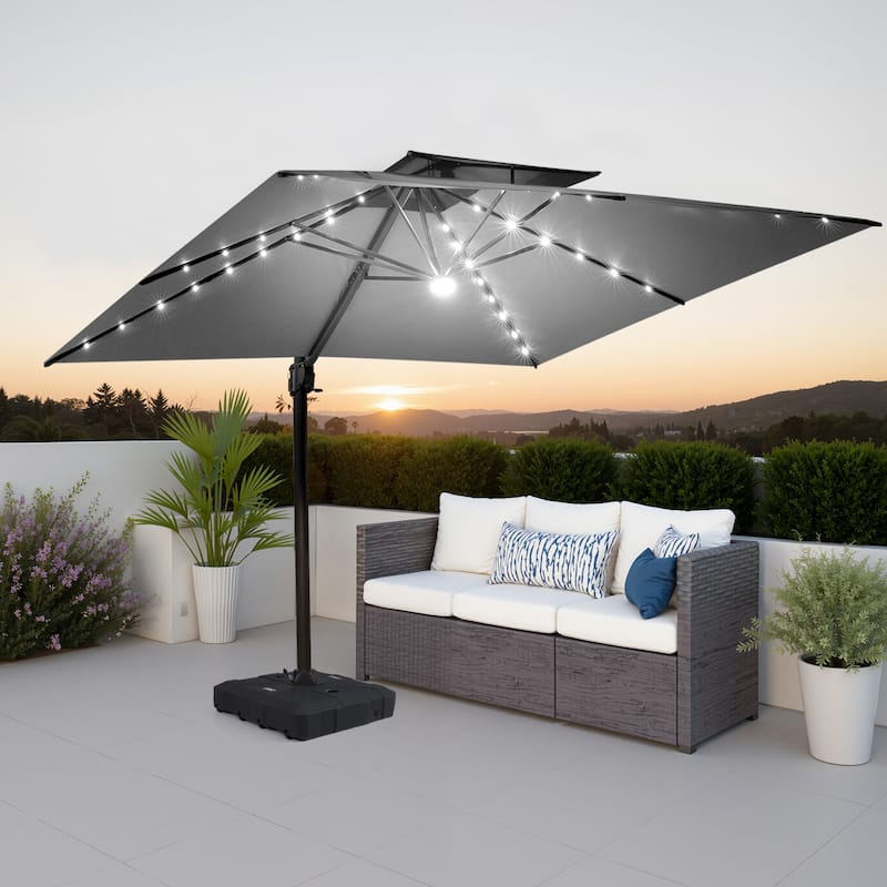 Pellebant 11X11 FT Outdoor Square Cantilever Patio Umbrella Solar LED Lighted with HDPE Base - DarkGrey