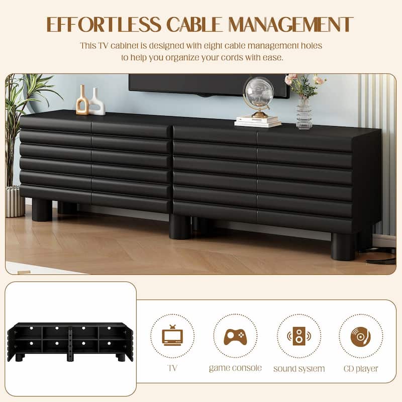 Stylish Thick Wavy Door TV Cabinet - Adjustable Shelves, TV Stand with 4 Cabinets for TVs Up to 75