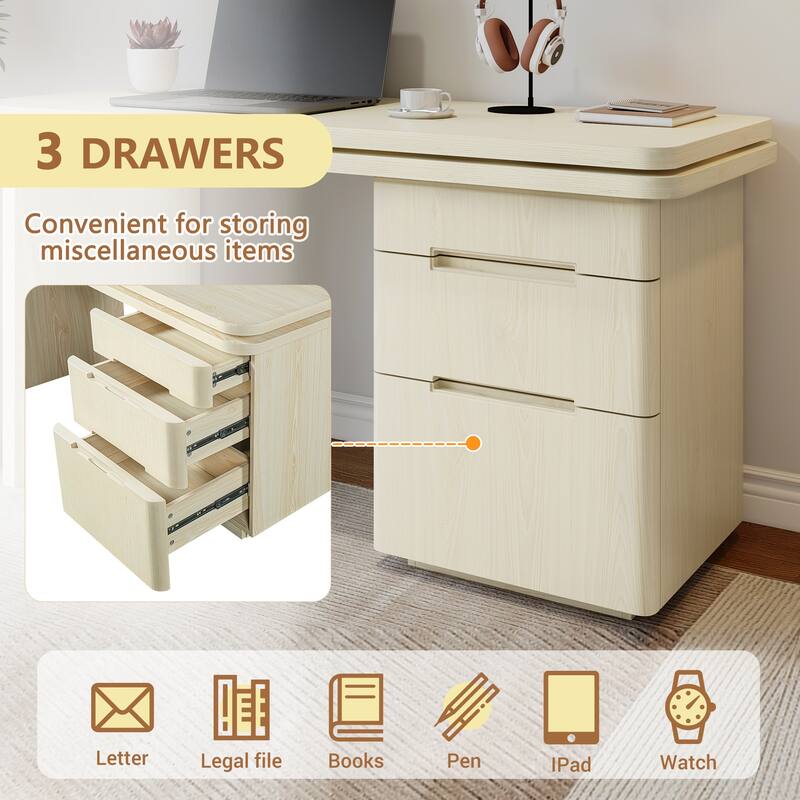 90" Modern L-Shaped Executive Desk with 3 Drawers & 360° Rotating Top - Office Corner Workstation for Home or Living Room