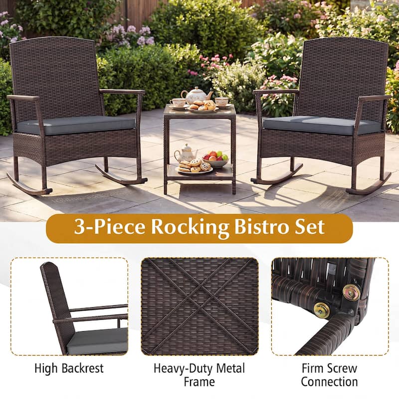 Costway 3 Piece Patio Rocking Set Wicker Rocking Chairs with 2-Tier - See Details