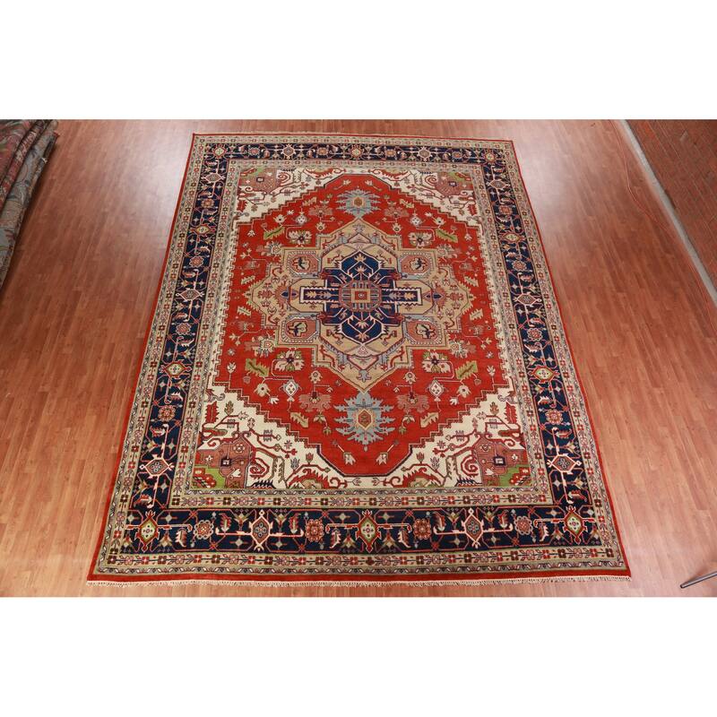 Orange Medallion Heriz Serapi Large Rug Hand-Knotted Wool Carpet - 11'8" x 15'3"