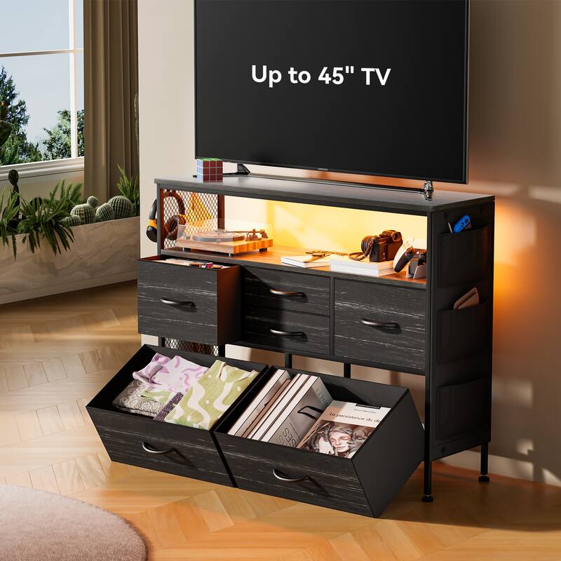 Dresser for Bedroom TV Stand with Power Outlets and LED Light, 6 Dresser with Shelves for 45" TV, PU Finish