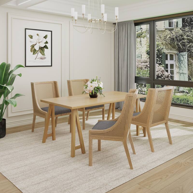 Sorenza 5pc Dining Set with Cushioned Seats, Cane Rattan Webbing, Rubberwood by Christopher Knight Home