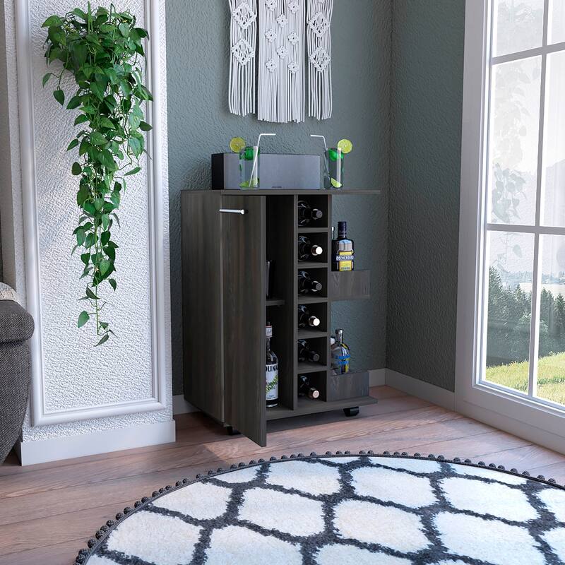 Bar Cart, Four Casters, Six Wine Cubbies, Single Door Cabinet