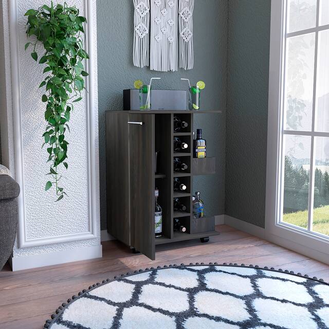 Bar Cart with 2 External Shelves, 4 Casters, 6 Wine Cubbies, and Single Door Cabinet - 23" W x14"D x 32"H