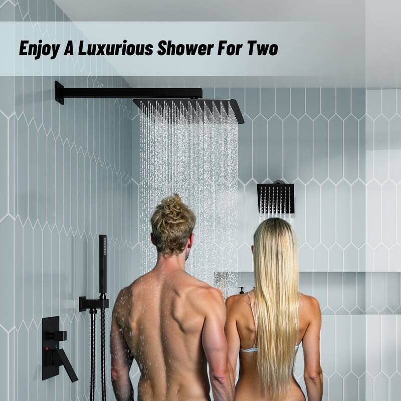 3-Spray Square 12 and 6 in. Dual Wall Mount Fixed and Handheld Shower Head in Matte Black, Valve Included - 12" x 12"