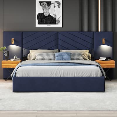 King Size Velvet Bed Frame/Vertical Channel Tufted Wingback Headboard/No Box Spring Needed/Easy AssemblyRoyal blue