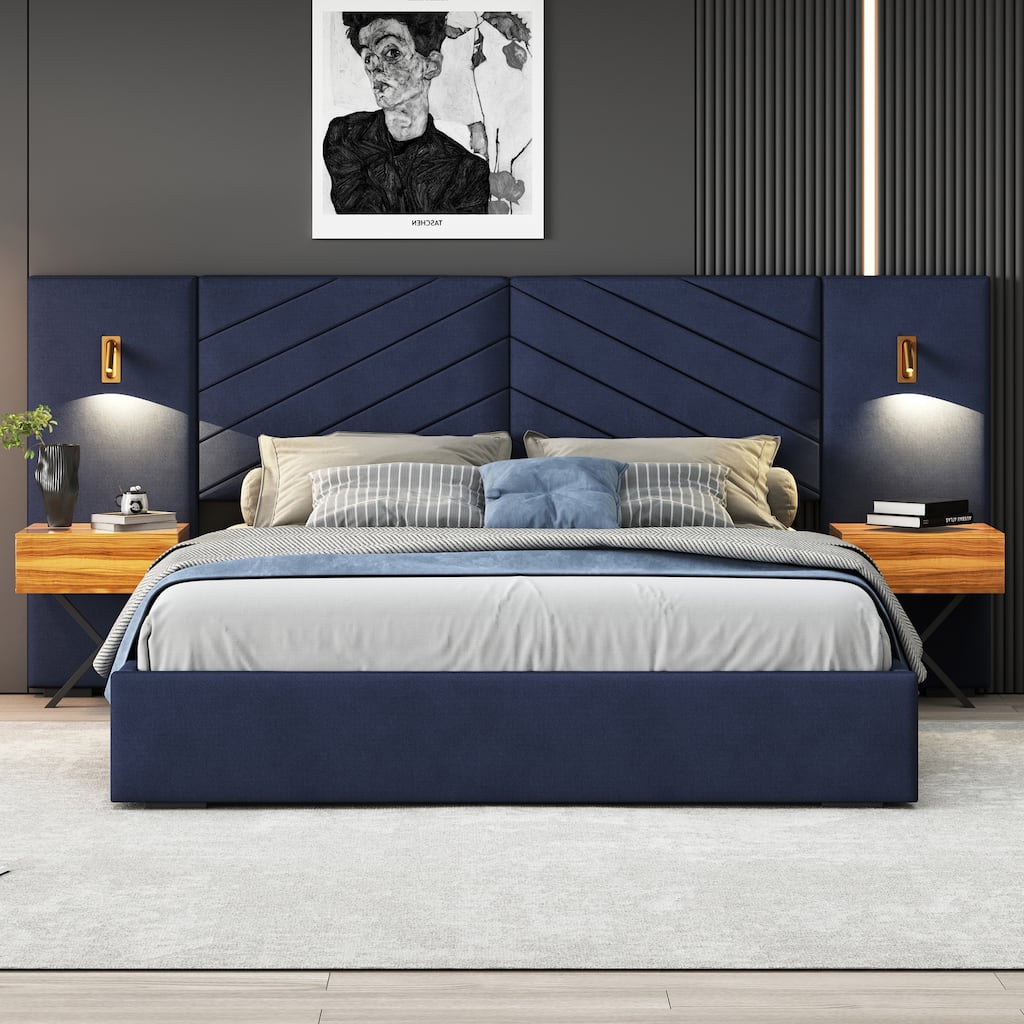 Velvet Platform Bed with Channel Tufted Wingback Headboard and Wooden Slats