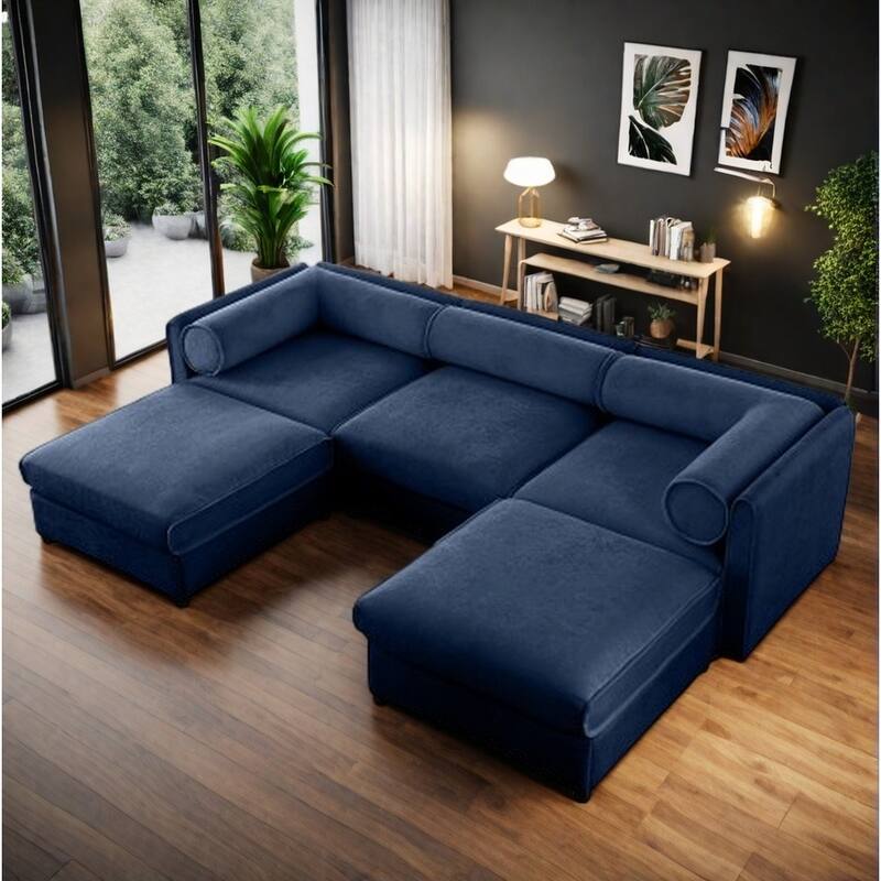 Modern Chenille 6-Seater Sofa with Ottoman Storage, Hidden Storage, Cylindrical Cushioned Arms and Backrest - 3 Seater with 2 Ottoman Blue