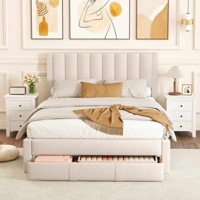 Gymax Queen Size Bed Frame w/Storage Drawer & Vertical Channel