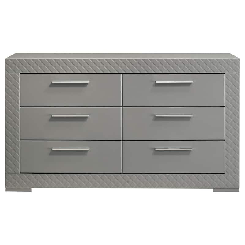 Ivon Wide Dresser, 6 Drawers, Bar Handles, Glossy Gray Solid Hardwood