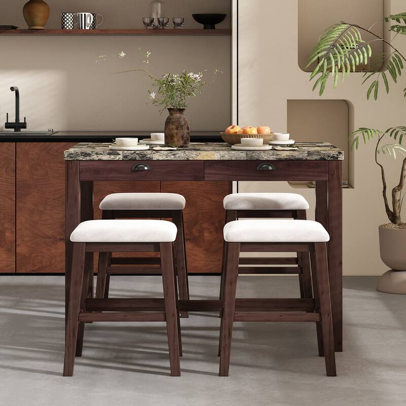 Modern Faux Marble Bar Table Set with Storage & Stools