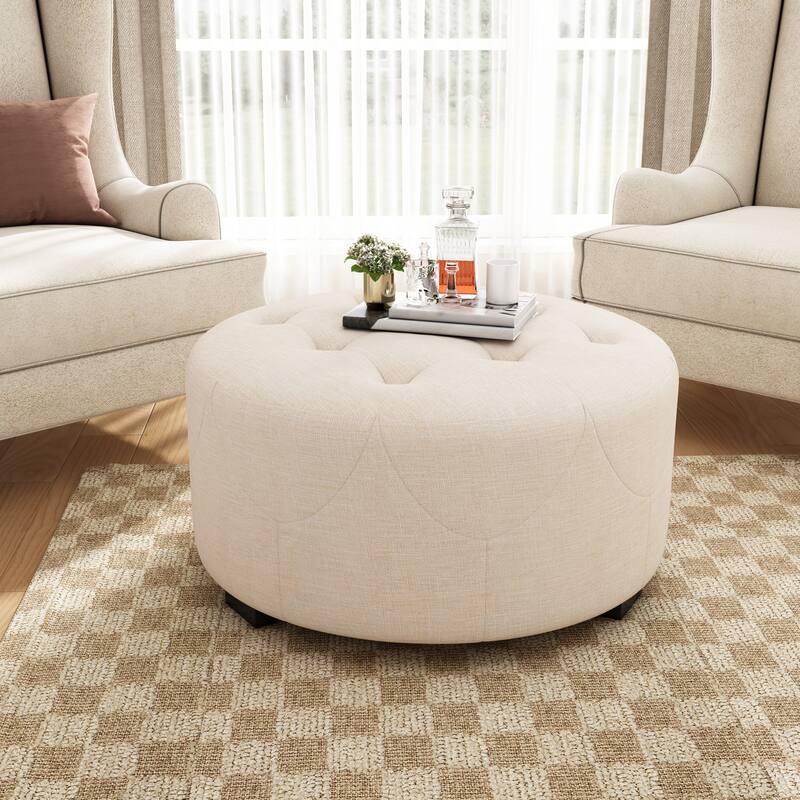 Roomfitters Round Upholstered Ottoman with Button Tufted Design, Small Coffee Table or Footrest - Beige