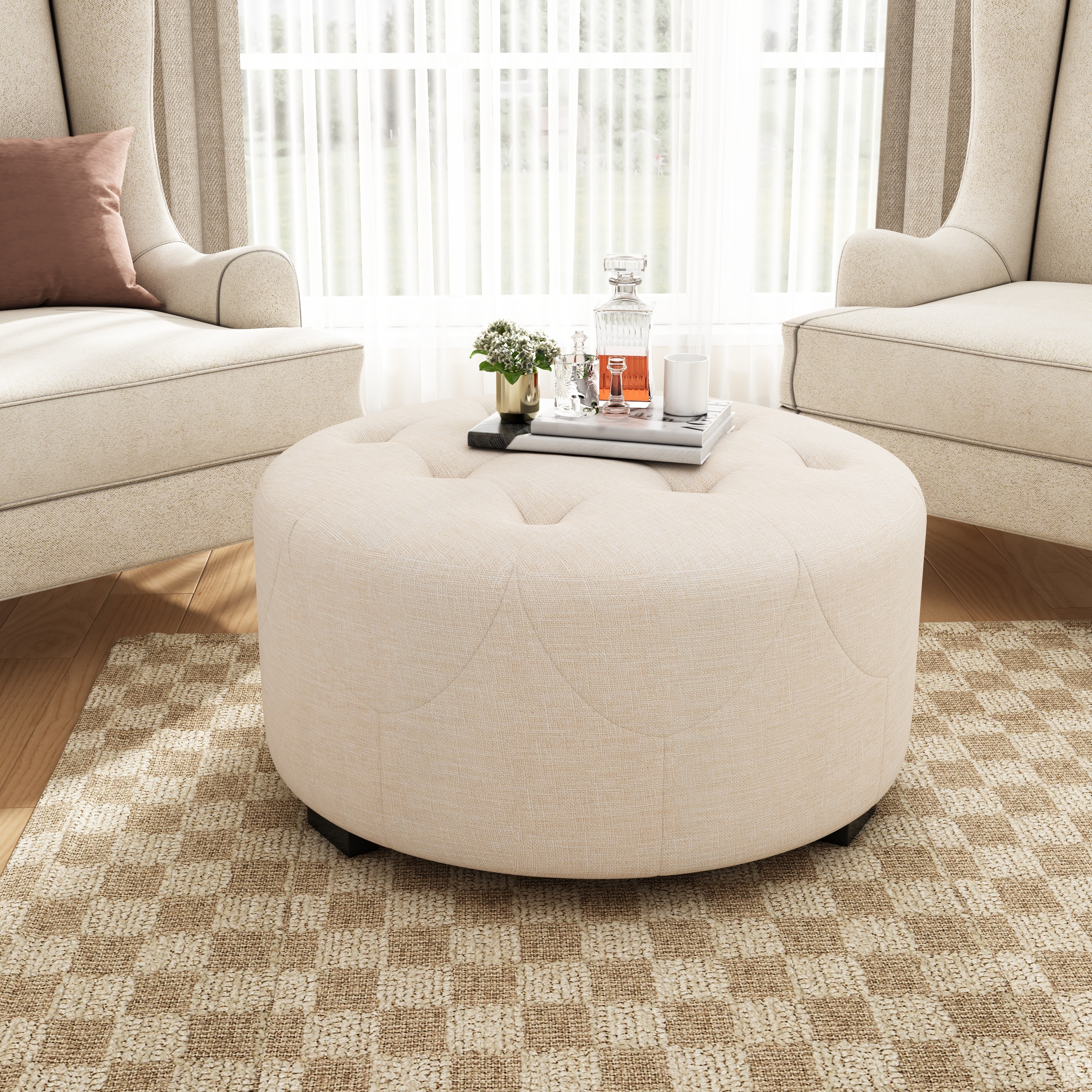 Round Upholstered Ottoman with Button Tufted Top and Wooden Legs